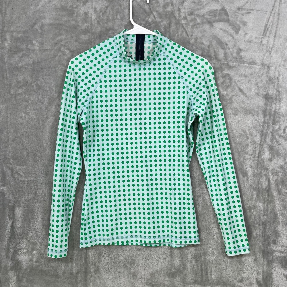 J Crew Rash Guard Women Medium Green Polka Dot Long Sleeve Back Zip NWOT
